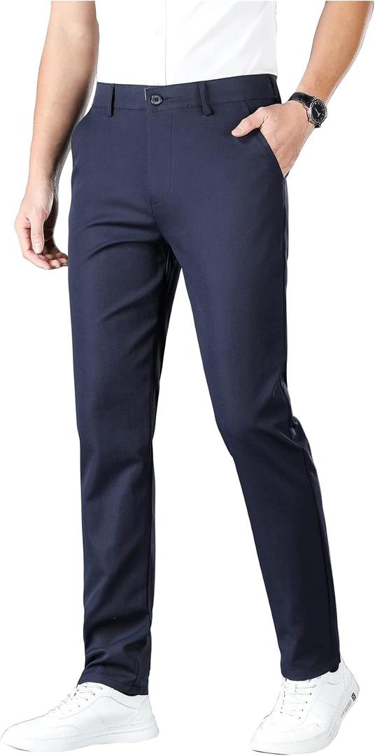 ESSYSHE Men’s Slim Fit Flat Front Dress Pants Wrinkle Free Khaki Casual Pants 8252Navy D32x32