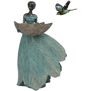 DiliComing Fairy Garden Statue Bird Feeder - 12 Inch Fairy Statue for Home Decoration, Resin Outdoor Statues for Garden Decoration, Best Bird Feeder Garden Gift for Women 12 x 7.5 x 5 Inch(Green)