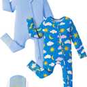 PATPAT Baby Footie Romper, Viscose from Bamboo, Long Sleeve, 2-Way Zipper, Fold-Over Mittens, Cuffs & Anti-Slip Grips (Newborn, Blue Sky)