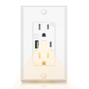 USB Outlet with Night Light,15 Amp Wall Outlets with Nightlight, 5V 4.8A Tamper-Resistant Electrical Receptacle with Type A & Type C Ports, Wallplate Included, ETL Listed(Warm White LED, 2-Packs)