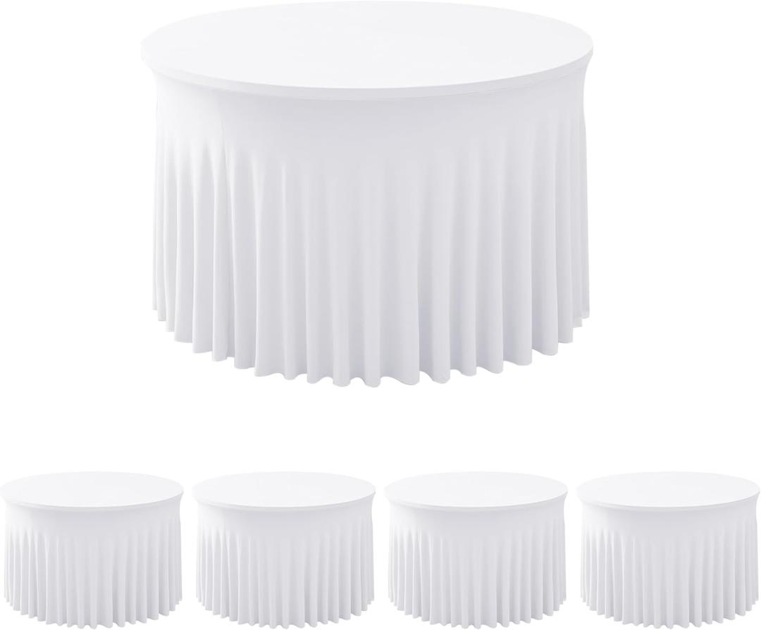 HolidayIdeas White Spandex 72in Round Table Cloths for Wedding, 6ft Fitted Stretch Table Skirts 132 Inch, Wrinkle-Free Ruffle Design Tablecloths for Banquets,Trade Shows, Parties, Events, 4 Pack