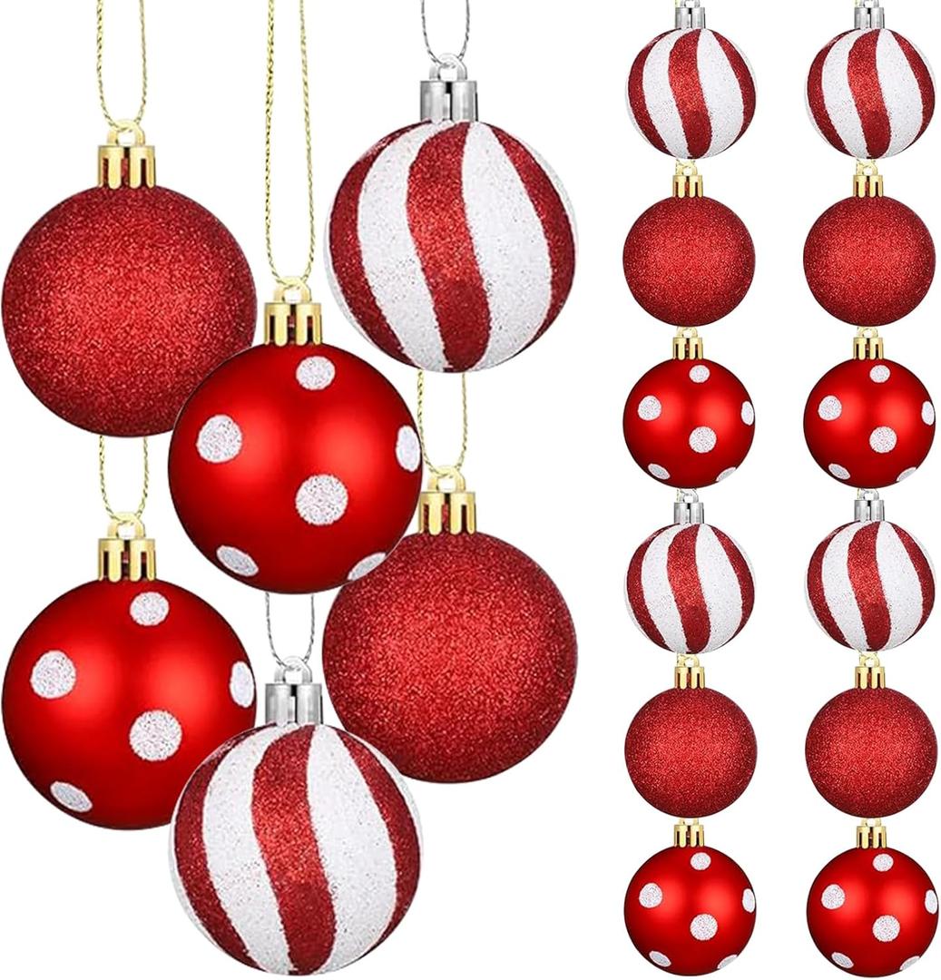 24Pcs Christmas Balls Ornaments Red White Ornaments 2.36 Inch Polka Dots Stripes Christmas Tree Decorations Shatterproof Peppermint Candy Cane Xmas Baubles for Tree Home Wreath Party Decor