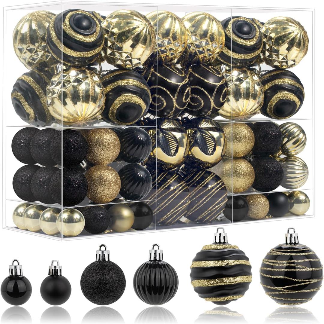 100 Pcs Christmas Ball Ornaments Set, Black and Gold Xmas Tree Decoration, Shatterproof Decorative Hanging Balls with Loop for Christmas Party Holiday Wreath Garland Home Decor