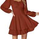 LYANER Women's Lantern Long Sleeve Wrap Tie Back Square Neck Double Layer Ruffle Hem A Line Short Mini Dress. Size Medium