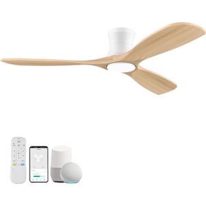 Livory 52 Wood Smart Flush Mount Ceiling Fans with Lights and Remote,Quiet DC Motor,Outdoor Indoor Ultra Low Profile Ceiling Fan works with Alexa WIFI APP,Modern White Ceiling Fan for Bedroom Patio, 52"-voice+app+remote Control