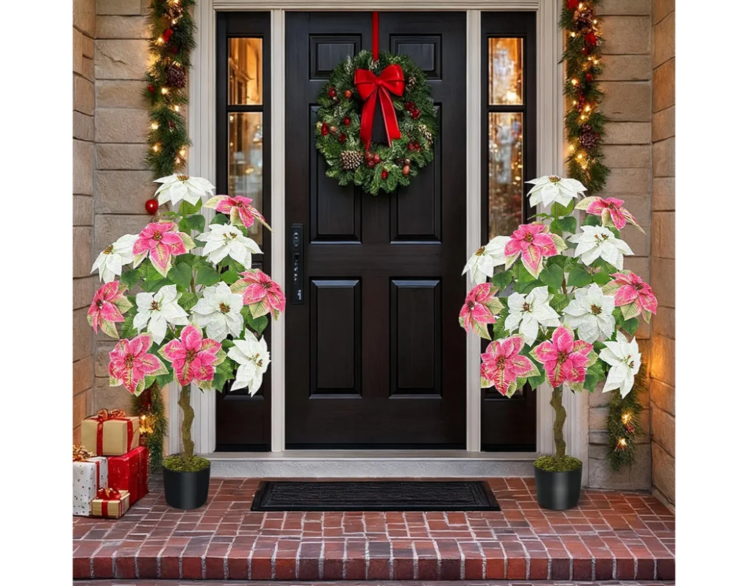 3 ft Christmas Tree for Front Porch Decor, 2 PCS Outdoor Pathway Christmas Trees Faux Topiary Plants Potted UV Resistant for Outdoor Indoor Door Garden Farmhouse Home Decoration, Pink White