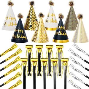 30 Pcs Birthday Party Hats - Gold Cone Hats Including 12 Paper Hats and 22 Noise Makers