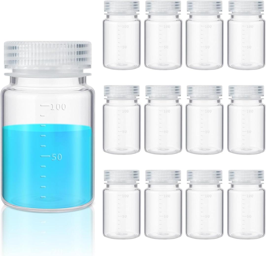 Tatuo 12 Pcs 3oz 100ml Plastic Sample Bottles with Screw Cap, Liquid Containers with Lid for Lab Reagent Sample Medicine Pill Water Storage, Travel Bottles (Clear, Wide Mouth-White Scale)