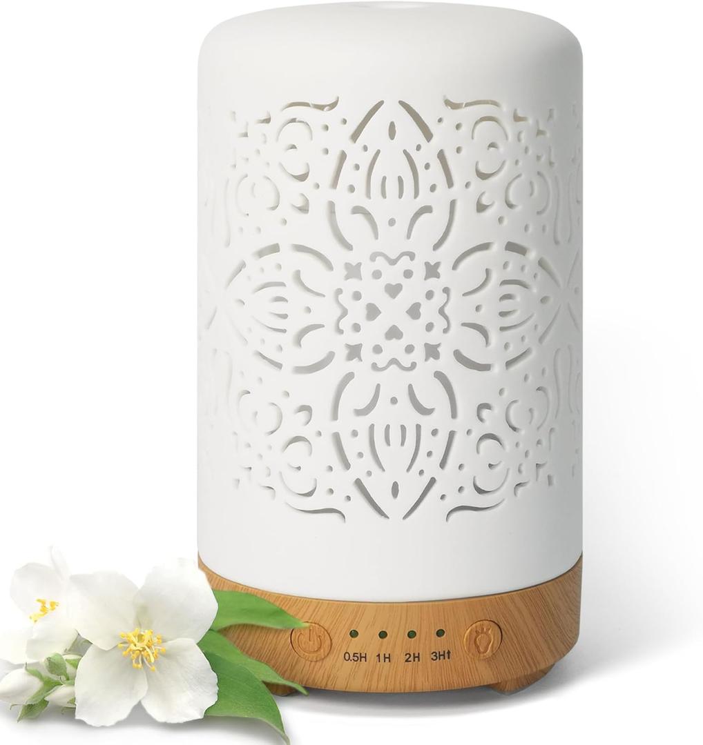Earnest Living Essential Oil Diffuser White Ceramic Diffuser 100 ml Timers Night Lights and Auto Off Function Home Office Humidifier Aromatherapy Diffusers for Essential Oils (Ceramic Elegance (Set of 1))