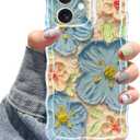 Jusy Compatible with iPhone 11, Colorful Retro Oil Painting Printed Flower Laser Glossy Pattern Cute Curly Wave Phone Case Soft TPU Cover for Girly Women - Blue
