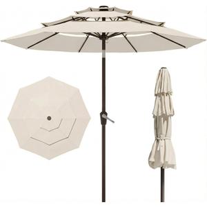 PatioKingdom 9ft 3-Tier Patio Market Umbrella with Crank/Tilt, Commercial Heavy Duty Wind Proof,Outdoor Table Umbrella with 8 Fiberglass Ribs,UPF50+ for Deck,Pool,Garden,Backyard (Creamy-white)