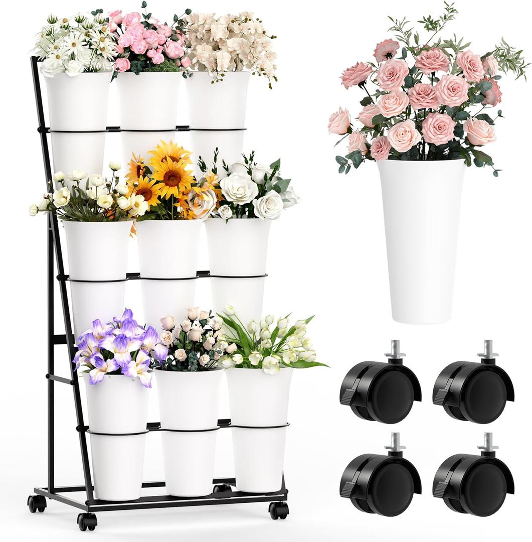 Invech Flower Display Stand with 9 Buckets and Wheels, 3 Tier Flower Cart Display Stand for Indoor Outdoor Garden, Wedding, Flower Shop (Black)