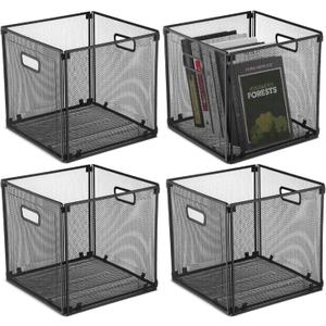 4 Pcs Foldable Metal Cube Storage Baskets 13x13 Kitchen Wire Baskets Stackable Mesh Laundry Organizer Bin with Handles for Shelves Kitchen Cabinets Closet Food (Black)