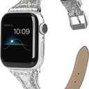 Wearlizer Thin Glitter Leather Compatible with Apple Watch Leather Bands Women 38mm 40mm 41mm 42mm 44mm 45mm 46mm 49mm for iWatch Series 11 10 9 8 7 6 5 4 3 SE/Ultra 3 2 1 Slim Bling Glistening Strap