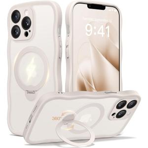 CAPRARO for iPhone 13 Pro Max Case with 360 Spin Magnetic Stand for Women, [Compatible with MagSafe] [Full Camera Protection] Cute Wave Translucent Matte Case for iPhone 13 Pro Max, Stone