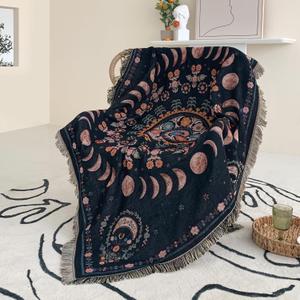 Boho Throw Blanket Reversible Cotton Bohemian Tapestry Hippie Room Decor Double Sided (Lunar Eclipse Black 50"x60")