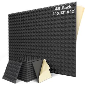 48 Pack Sound Proof Foam Panels for Walls with Self Adhesive, 12" X 12" X 1" High Density Acoustic Panels Sound Absorbing, Pyramid Design Soundproof Wall Panels for Studio and Home - Black