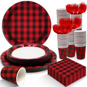 EggSun Red and Black Gingham Plates and Napkins Party Supplies, Red Disposable Tableware Set, Checkered Plaid Paper Plates for Birthday Family Dinner Picnic Barbecue Baby Shower Decor Serves 25