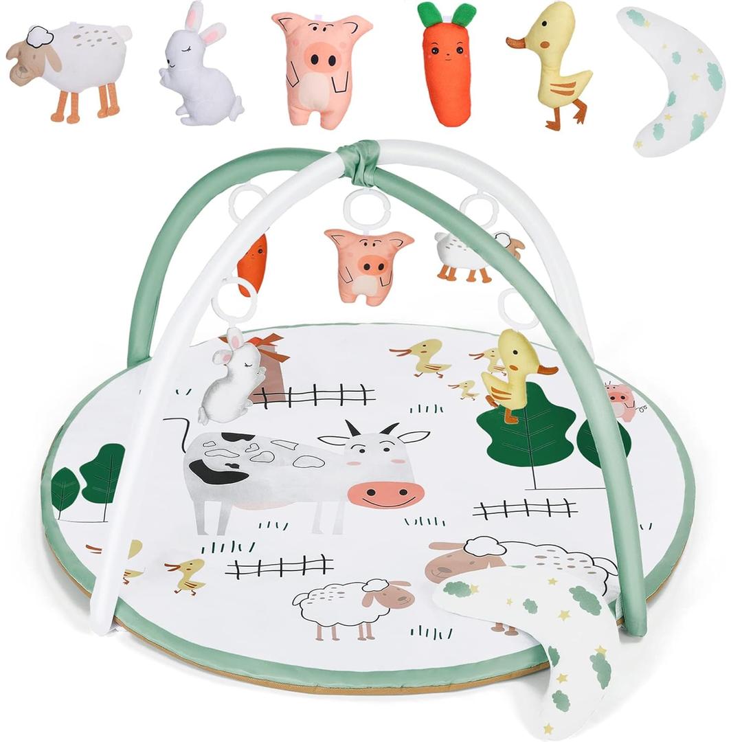 Baby Play Gym Mat, Tummy Time Activity Mat with 5 Detachable Toys and Pillow for Newborn Stage-Based Sensory and Motor Skill Development, Infant Play Mat for Babies to Toddlers (Farm Animals)
