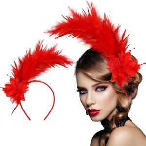 Loieryk Feathers Fascinator Headband 1920s Queen Headpiece Fascinators Hats for Women Tea Party Flower Headpiece (Red)