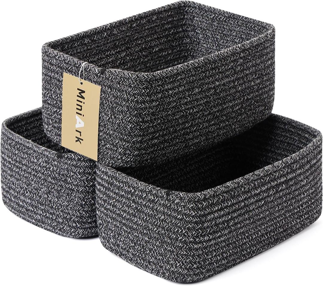 MiniArk Small Storage Baskets for Organizing | Closet Organizer Bins | Shelf Toy Basket | Woven Rope Baskets | Cube Decorative Box | Shallow Basket | 11.5x7.5x4.7 | 3 Packs Dark Gray