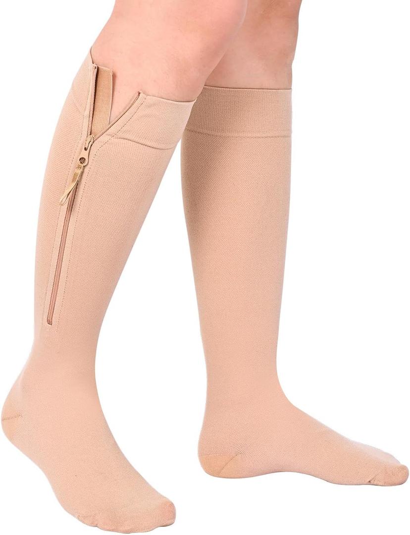 15-20 mmHg Zipper Compression Socks for Women & Men, Close Toe Medical Grade Compression Stockings Knee High, Zip Up Compression Socks for Varicose Veins, Edema, Pregnancy, 1 Pair, Beige 2XL
