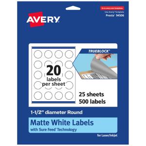 Avery TrueBlock Matte White Round Labels, Sure Feed Technology, 1.5" Diameter, 500 Matte White Labels, Print-to-The-Edge, Laser/Inkjet Printable, Great for Making Stickers or Product Merchandising