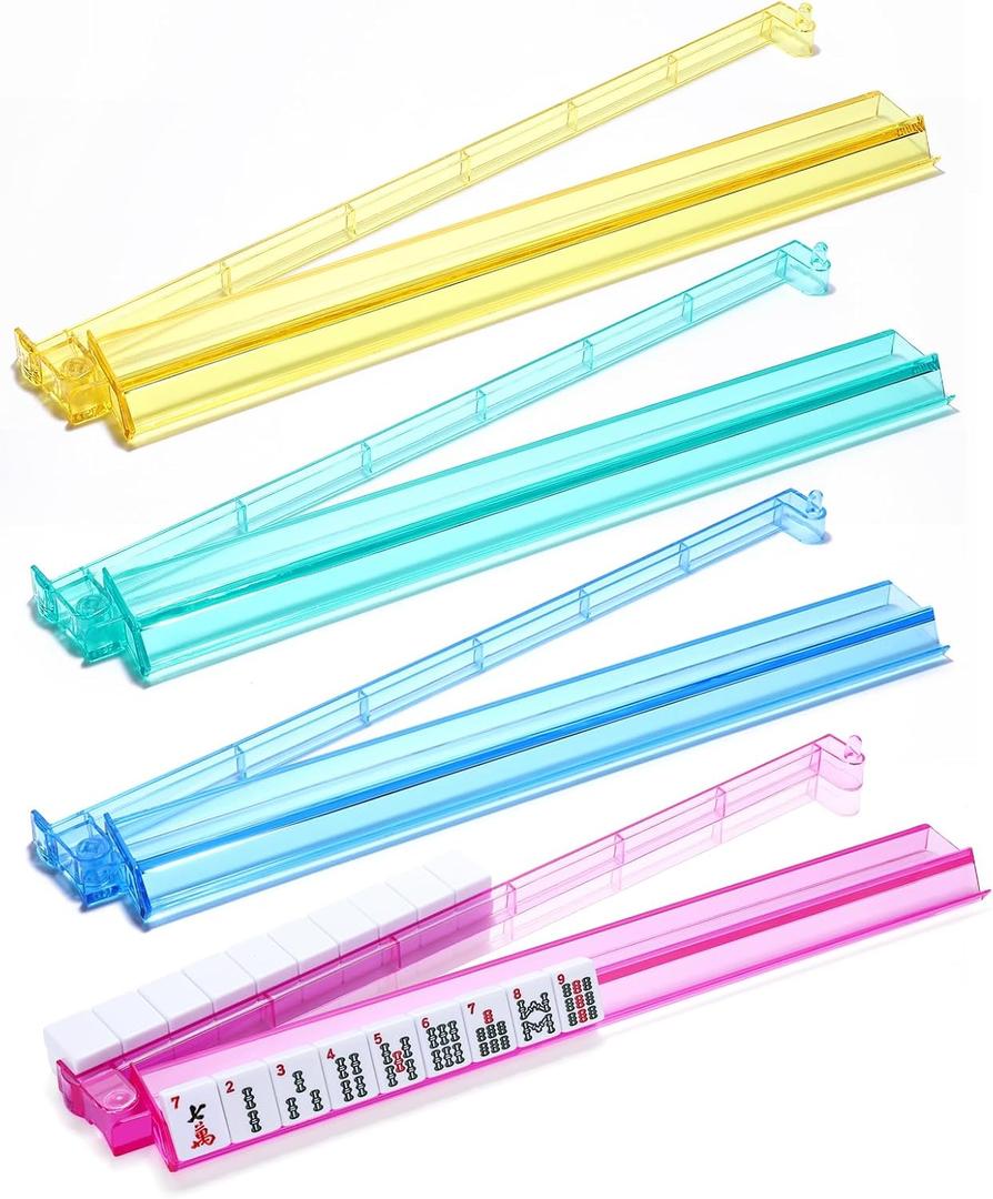 Mahjong Racks with Pushers, 4PCS Mahjong All-in-One Tile Rack and Pusher, Clear Acrylic American Majiang Tile Racks with Built-in Pushers, Colorful
