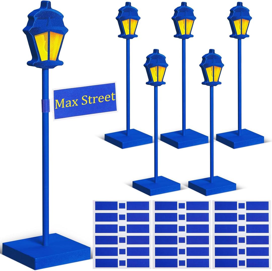 6 Pcs Street Sign Lamp Post Centerpiece Wooden Lamp Post with Street Party Sign Sticker for Toy Decor Friend Birthday Party Supplies Decoration (Blue)