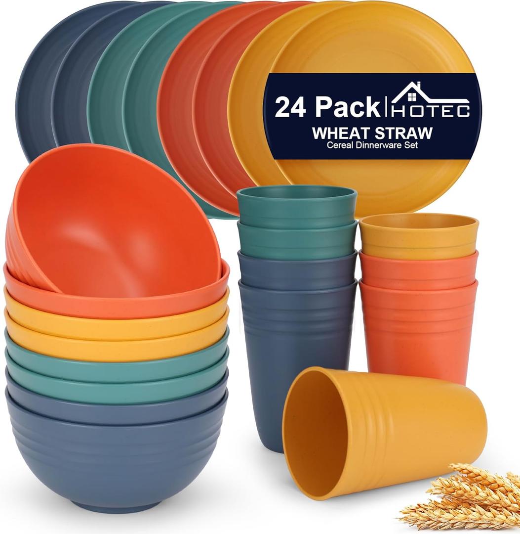 HOTEC 24-Pack Unbreakable Kitchen Plastic Wheat Straw Dinnerware Set  BPA-Free Plates, Bowls & Cups | Lightweight, Microwave & Dishwasher Safe | Multicolor Reusable Tableware for Home & Outdoor Use