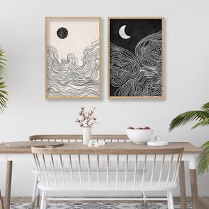 Black and White Sun Moon Boho Wall Art 16"x24" 2 Pieces Wooden Framed Mid Century Abstract Minimalist Home Sign for Living Room Bedroom Office Neutral Wall HangIing Decor (Wood)