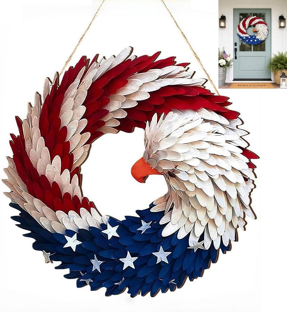 2026 Eagle Flag Wreath, 250th Anniversary Patriotic Eagle Wreath, Red White and Blue with Stars, Independence Day 4th of July Front Door Wall Decor (Medium-2D, Round)