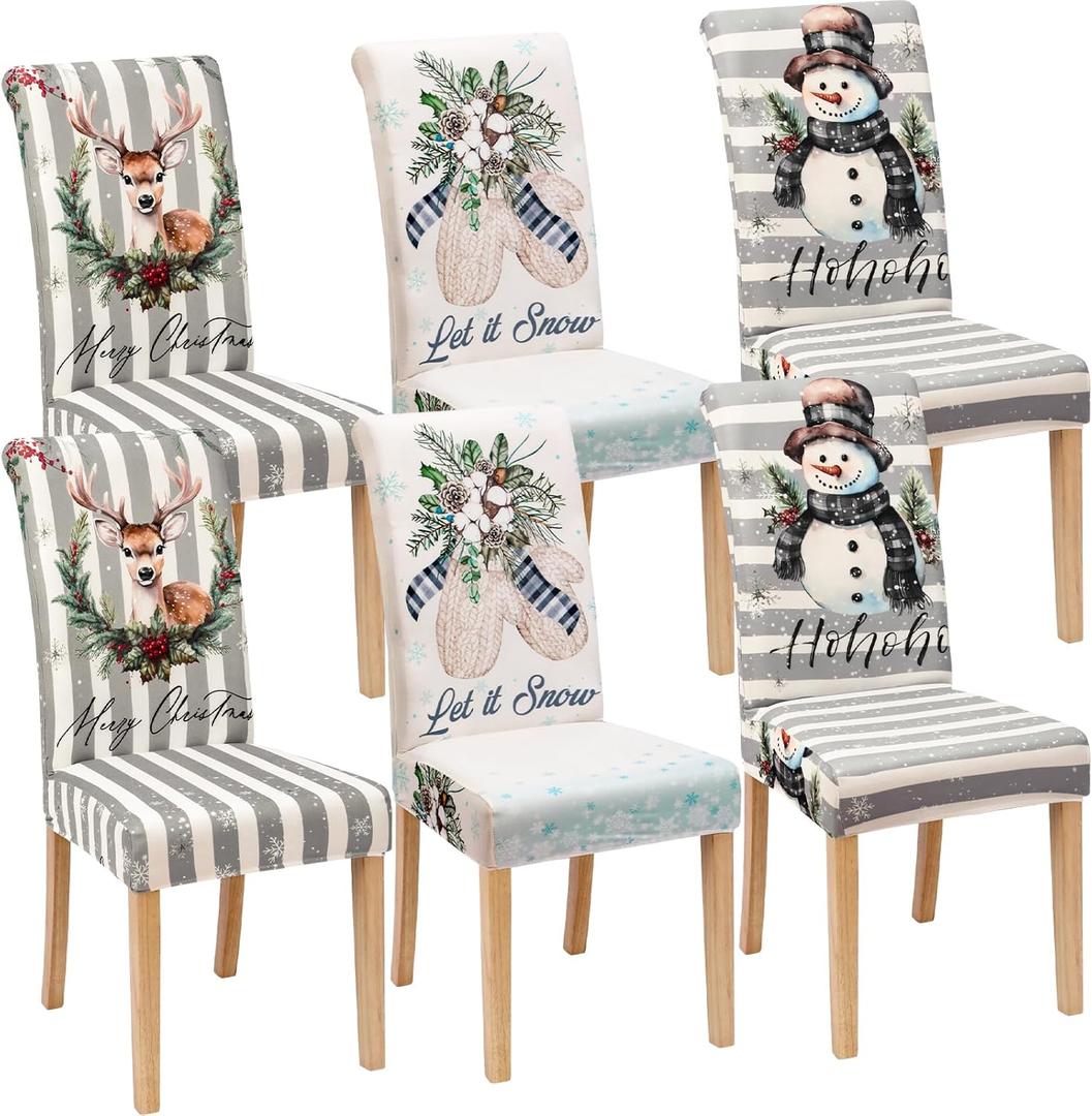 6 Pcs Christmas Snowman Chair Covers Winter Vintage Dining Chair Slipcovers Christmas Seat Covers Winter Elk Gloves Stretch Removable Washable Dining Protector for Party Wedding Kitchen