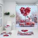 DDS-DUDES Valentine Shower Curtain, Romantic Valentines Watercolor Falling Red Heart Shower Curtain, Red Hearts Cute Gnomes Bathroom Accessories Set with Hooks, 71x71 inches