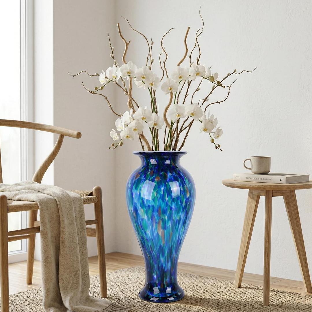20" Tall Teal Glass Vases,Large Hand Blown Sea Glass Flowers Vase for Floor,Jarrones Grandes para Sala Elegantes, Pretty Modern Ocean Blue Flowers Vases for Living Room Wedding Decor