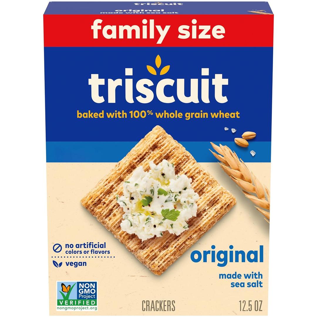Triscuit Original Whole Grain Wheat Crackers, Vegan Crackers, Healthy Snacks, Lunch Snacks, Family Size, 12.5 oz, Best By: 07 APR 2026
