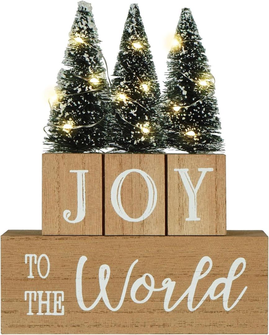 Christmas Tree Decorations for Home LED Lighted JOY to the World Decor with Time Farmhouse Winter Wooden Blok Vintage Rustic Sign for Table House Kitchen Holiday Xmas