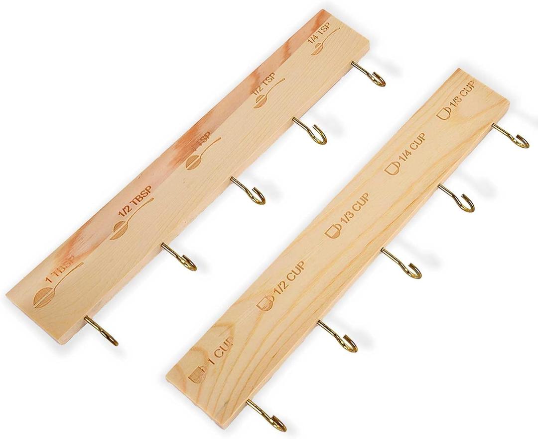 Premium Bamboo Measuring Cups and Spoons Rack, Measuring Cup Organizer Rack Suitable for Kitchen Hanging Cups and Spoons, Including Screw and Adhesive Mounting 2 pcs