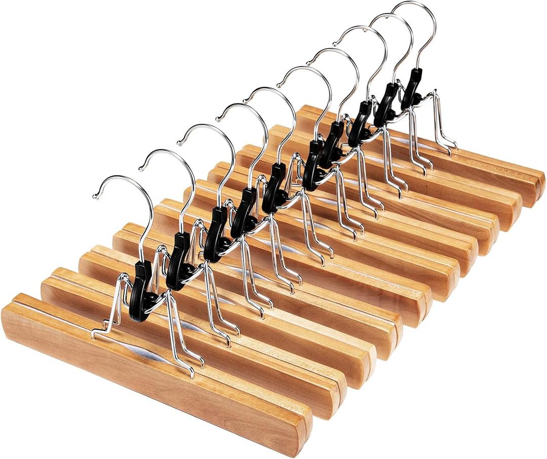 HOUSE DAY Wooden Pants Hangers 10 Pack, Non Slip Wood Skirt Hangers, Wood Clamp Hanger for Pants, Jeans, Slacks, with 360 Swivel Hook (Natural)