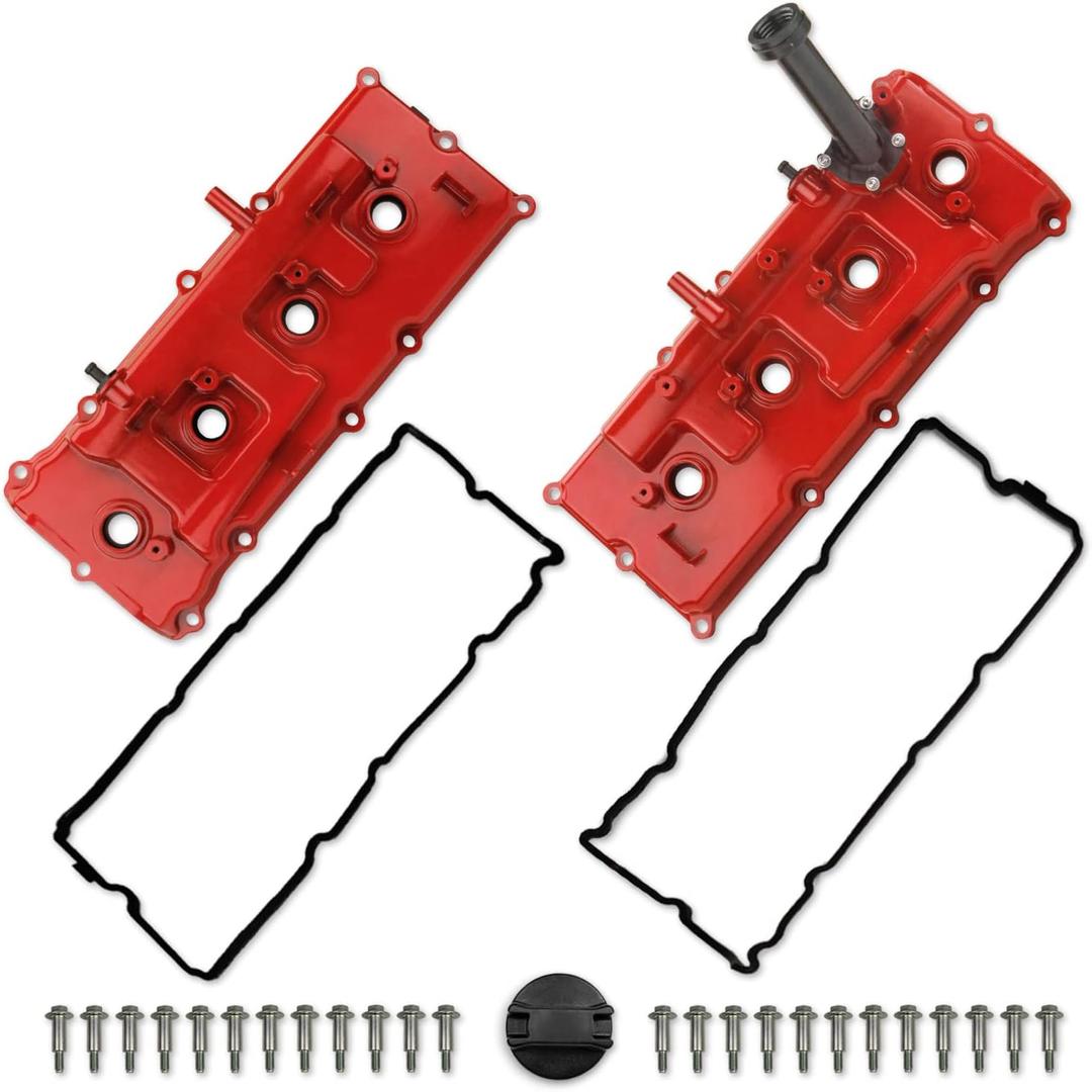 MITZONE Aluminum Valve Cover Set Compatible with 2007-2015 Nissan Armada Titan 2008-2012 Pathfinder 2012-2017 NV2500 NV3500 2008-2010 Infiniti QX56 V8 5.6L # 13264-ZE01A 13264-ZE00A (Red)