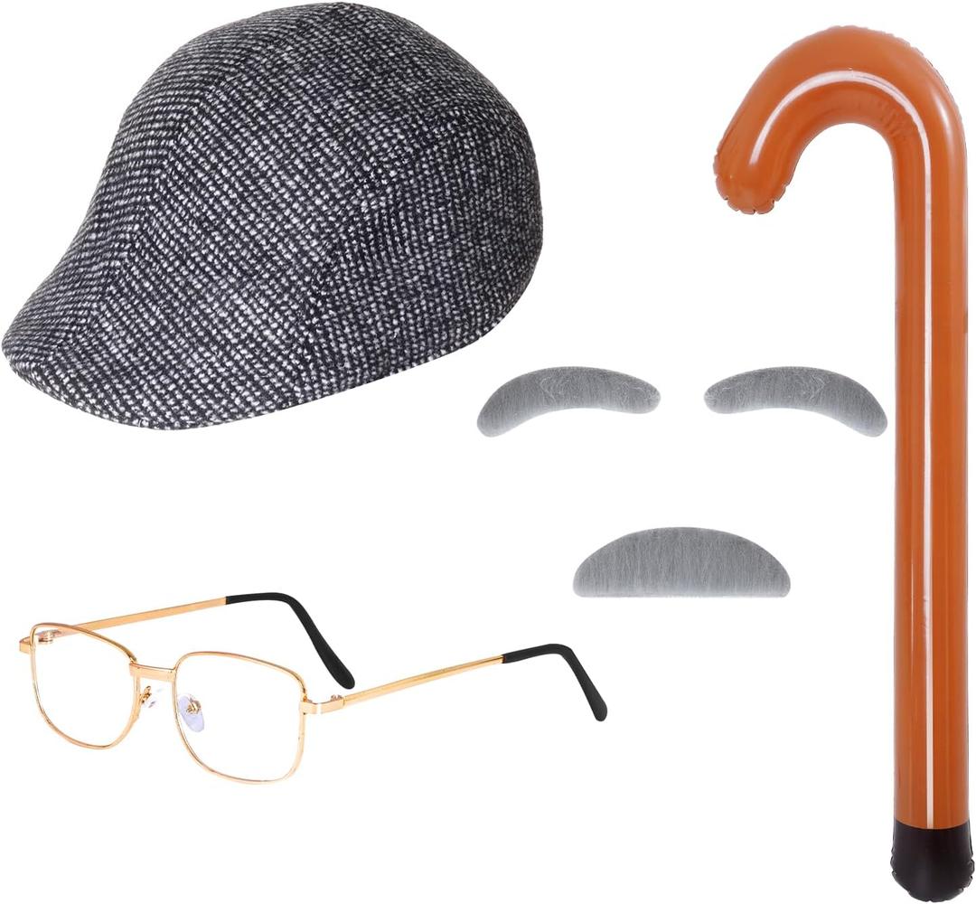 Old Man Costume 100 Days of School Grandpa Accessories Beret Hat Glasses Cane Moustache for Halloween Party Dress Up (Light Grey)