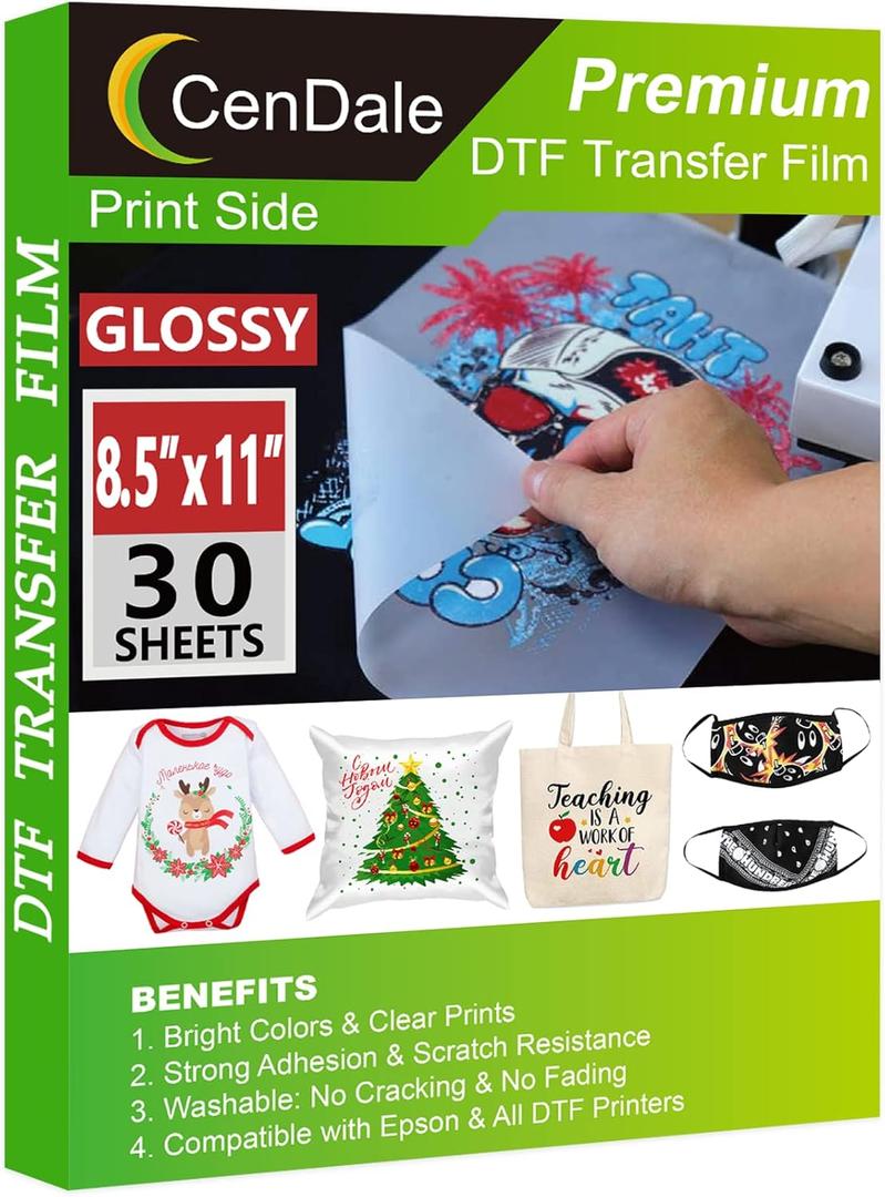 CenDale  DTF Transfer Film 8.5"x11" - 30 Sheets Single-Sided  Clear PreTreat Sheets PET Heat Transfer Paper for DIY Direct Print on All Fabric and Colors T-Shirts Textile