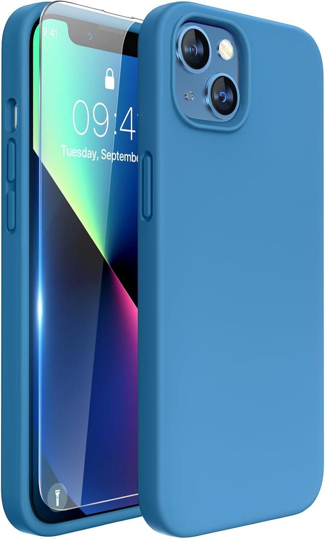 Miracase Designed for iPhone 13 Case, with Tempered Glass Screen Protector, [Soft Anti-Scratch Microfiber Lining], Shockproof Liquid Silicone Rubber Phone Case Cover for 13 6.1 inch, Capri Blue