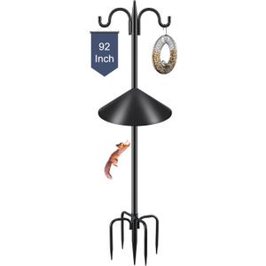 Gtongoko Bird Feeder Pole Squirrel Proof, 92 Inch Double Shepherds Hook for Outdoor with Squirrel Baffles Adjustable Heavy Duty with 5 Prongs Base for Hanging Plants, Bird Feeders, Black