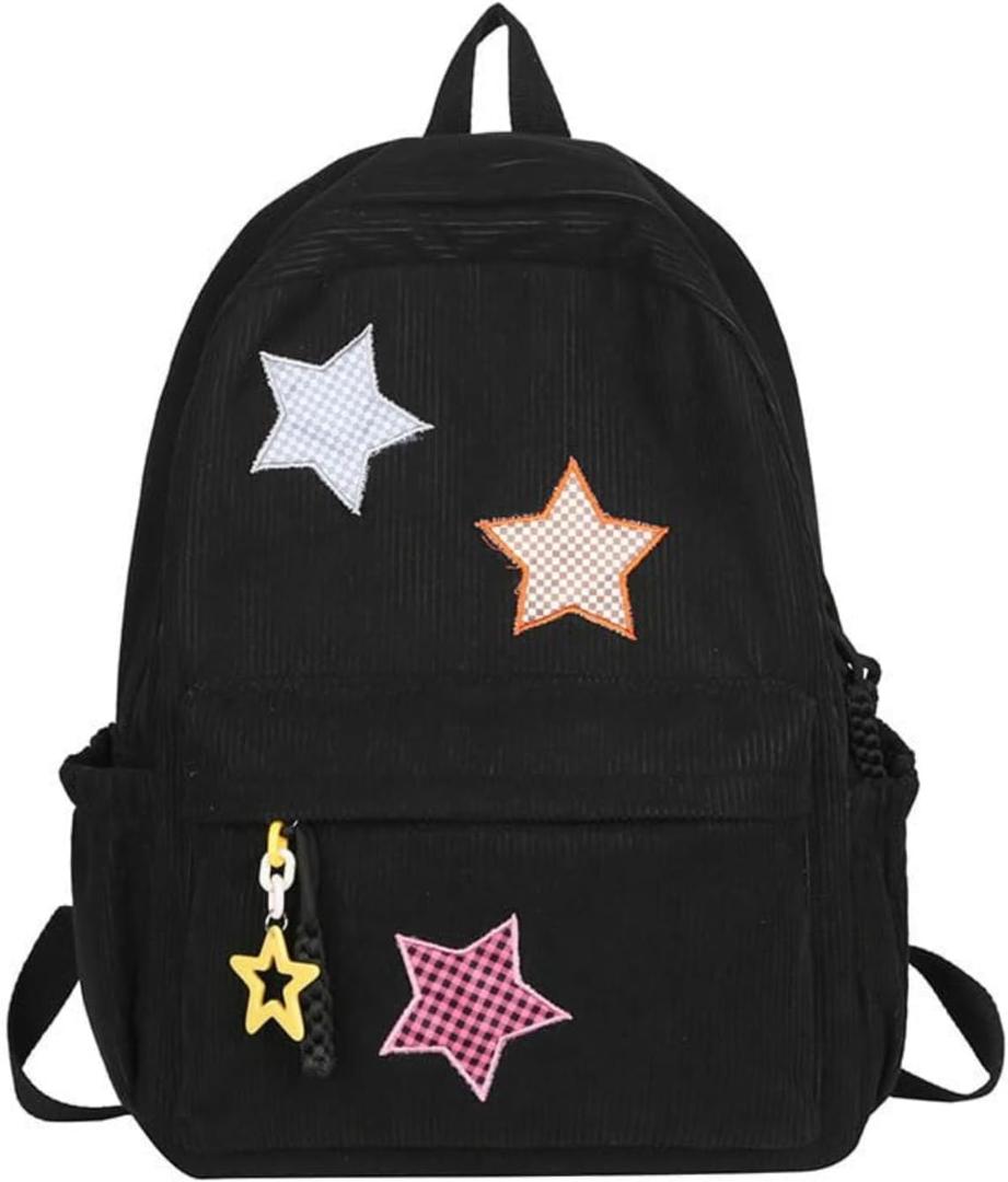 Corduroy Star Backpack Cute Y2k Preppy Backpack Aesthetic College Laptop Backpack Y2k Accessories for Women (Black)