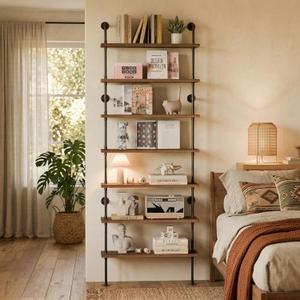 7 Tier Industrial Ladder Shelf Bookcase, Wall Mounted Rustic Bookshelf for Living Room Decor and Storage (Walnut Color, 7 Tier - 10" D x 36" W x 95.5" H)