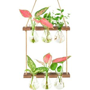 XXXFLOWER Wall Hanging Propagation Station with Wooden Stand 3 Bulb Vase 2 Tiers Planters Wall Terrarium for Home Office Plant Hanger Flower Vases Wall Decor(Brown)