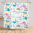 Dreamy Theme Bathroom Dino Dinosaur Rainbow Magical Shower Curtain with Hooks, Waterproof Polyester Fabric, 48x72 Inch