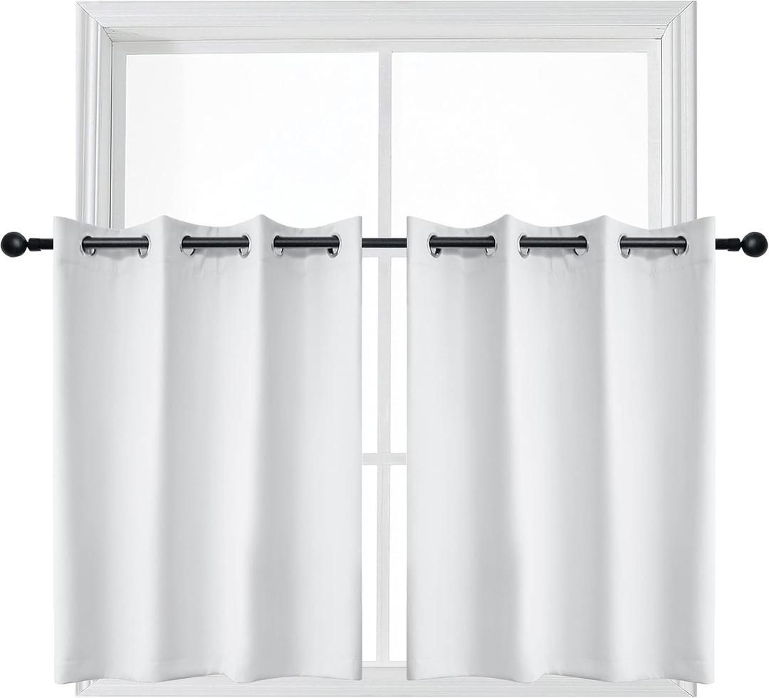 YGO Greyish White Window Valance Blackout Short Curtain Tiers 2 Panels for Kitchen 52 Wide by 24 Long, White Color, 2 Pcs