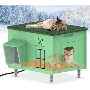 Large Plastic Heated Cat House for Outside, Elevated Outdoor Cat Shelter 100% Weatherproof & Insulated with Safe Escape Door, Outdoor Cats House with Heated for Barn Cats Green 21.6"X17"X17.5"